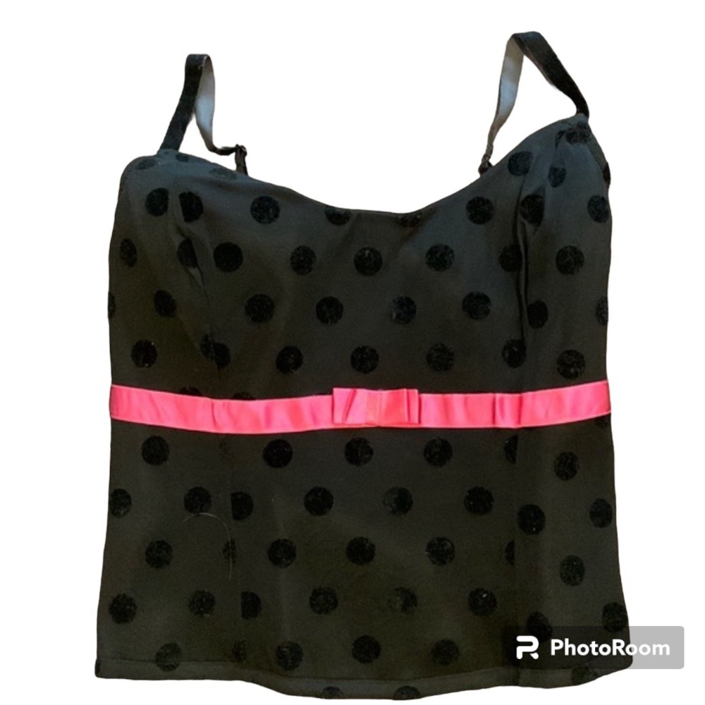 CACIQUE BUSTIER CORSET BLACK POLKA DOTS PINK BOW SEXY PLUS
